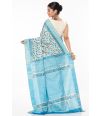 TUSSAR GHICHHA ALL OVER BODY PRINT, BLUE CONTRAST STRIPED PALLU WITH CONTRAST STRIPED BLOUSE PIECE