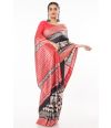 BLACK TUSSAR GHICHHA, CONTRAST STRIPED PALLU, CONTRAST HORSE PRINTED BORDER, WITH CONTRAST STRIPED BLOUSE PIECE