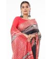 BLACK TUSSAR GHICHHA, CONTRAST STRIPED PALLU, CONTRAST HORSE PRINTED BORDER, WITH CONTRAST STRIPED BLOUSE PIECE