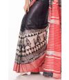 BLACK TUSSAR GHICHHA, CONTRAST STRIPED PALLU, CONTRAST HORSE PRINTED BORDER, WITH CONTRAST STRIPED BLOUSE PIECE