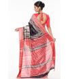 BLACK TUSSAR GHICHHA, CONTRAST STRIPED PALLU, CONTRAST HORSE PRINTED BORDER, WITH CONTRAST STRIPED BLOUSE PIECE