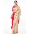 KETIYA TUSSAR PLAIN BODY, RED CONTRAST PALLU, LIGHT GOLDEN BORDER, CONTRAST BLOUSE PIECE