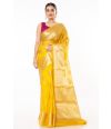 YELLOW SOFT ORGANZA BANARASI GOLDEN ZARI BUTA, GOLDEN BORDER TEAMED WITH PURPLE SOFT COTTON BLEND SELF WORK BLOUSE