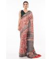 BRICK BODY TUSSAR GHICHHA, ALL OVER PRINT, CONTRAST STRIPED PALLU, CONTRAST STRIPED BLOUSE PIECE