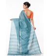 TEAL BLUE GHICHHA SILK, SELF THREAD DESIGN ON PALLU TEAMED WITH RUSTY ORANGE COTTON IKKAT