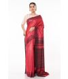 RED PLAIN BODY KETIYA TUSSAR, CONTRAST BLACK PALLU, CONTRAST BLACK STRIPED BLOUSE PIECE