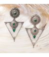 GREEN STONE SETTING ON OXIDISED GERMAN SILVER TRIAD EARRINGS 