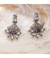  ANTIQUE SILVER JHUMKAS, WITH A LOTUS MOTIF, BLUE ENAMEL & PEARL BEADS