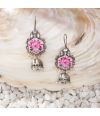 Antique Silver Earrings with a Hand-Painted Pink Lotus Motif and Dangling Pearl beads