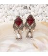 RED DIAMOND SHAPED DROP EARRINGS, WITH DELICATE PEARLS