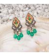 HAND PAINTED FLORAL MOTIF, GERMAN SILVER EARRING WITH GREEN TEARDROP BEADS & PEARLS