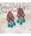  HAND PAINTED FLORAL MOTIF, GERMAN SILVER EARRING WITH BLUE TEARDROP BEADS & PEARLS