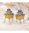 YELLOW MONALISA STONE OXIDISED GERMAN SILVER EARRING WITH PEARLETS