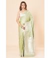 LIGHT GREEN KATAN BANARASI SAREE WITH SILVER ZARI WORK & MATCHING BLOUSE PIECE