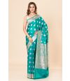 SILVER ZARI BUTA ON GREEN KATAN BANARASI SAREE, ZARI WORK ON BORDER, PALLU & MATCHING BLOUSE PIECE