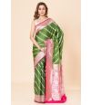 STRIPED OLIVE GREEN KATAN BANARASI WITH CONTRAST RANI BORDER, PALLU & BLOUSE PIECE 