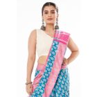 FEROZA BLUE TUSSAR GHICHHA ALL OVER PRINT, CONTRAST STRIPED PALLU, PAIRED WITH V NECK COTTON HAKOBA, BACK COVERED 