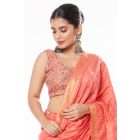 PEACH AMRAPALI SILK WITH ALL OVER ZARI STRIPE PAIRED WITH FEATHER SOFT LINEN KALAMKARI PRINT BLOUSE