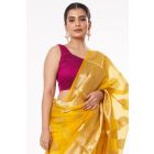 YELLOW SOFT ORGANZA BANARASI GOLDEN ZARI BUTA, GOLDEN BORDER TEAMED WITH PURPLE SOFT COTTON BLEND SELF WORK BLOUSE