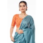 TEAL BLUE GHICHHA SILK, SELF THREAD DESIGN ON PALLU TEAMED WITH RUSTY ORANGE COTTON IKKAT