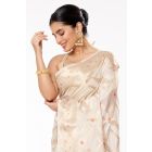 WHITE KORA SILK, ALL OVER MEENA JAAL, RICH PALLU TEAMED WITH MATTE GOLD COTTON SILK PARTY WEAR BLOUSE (PADDED)