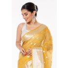 YELLOW SOFT ORGANZA, ALL OVER SILVER ZARI WORK PALLU WITH SHIMMERY SILVER PARTY WEAR COTTON SILK BLOUSE (PADDED)