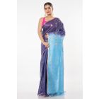 BLUE OMBRE GHICHA SILK, CONTRAST PALLU, NARROW ZARI BORDER PAIRED WITH PARTY PINK COTTON SILK BLOUSE (PADDED)