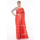 RED BODY GHICHHA SILK, SELF THREAD DESIGN ON PALLU PAIRED WITH V NECK SOFT COTTON INDIGO PRINT