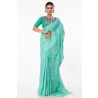 AQUA GREEN GHICHHA SILK, SELF THREAD DESIGN ON PALLU PAIRED WITH GREEN KHADI COTTON YOKE PATTERN BLOUSE