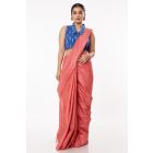 BURNT PEACH GHICHHA SILK, SELF THREAD DESIGN ON PALLU WITH SMART COLLAR, FRONT ZIP BLUE COTTON IKKAT BLOUSE