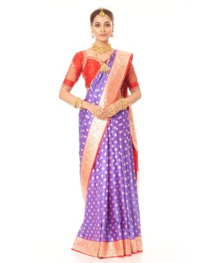 ALL OVER ZARI WORK ON VIOLET KATAN BANARASI WITH CONTRAST BORDER, PALLU & BLOUSE PIECE