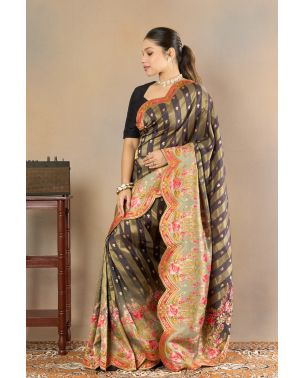 SCALLOP FLORAL STRIPED KANNI SILK
