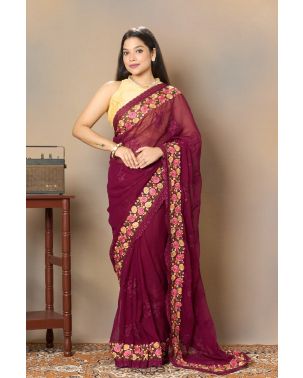 ALL OVER EMBROIDERED CHIFFON WINE FLOW