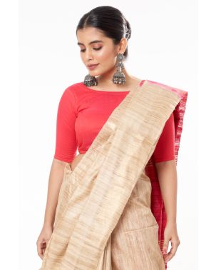 KETIYA TUSSAR PLAIN BODY, RED CONTRAST PALLU, LIGHT GOLDEN BORDER TEAMED WITH GORGEOUS RED COTTON SILK ROUND NECK, BACKLESS BLOUSE (PADDED)