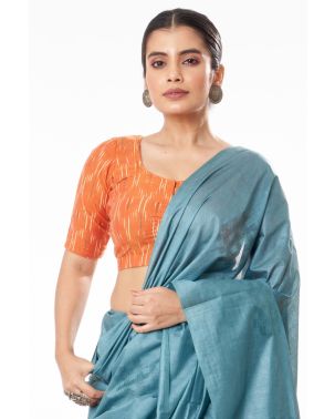 TEAL BLUE GHICHHA SILK, SELF THREAD DESIGN ON PALLU TEAMED WITH RUSTY ORANGE COTTON IKKAT