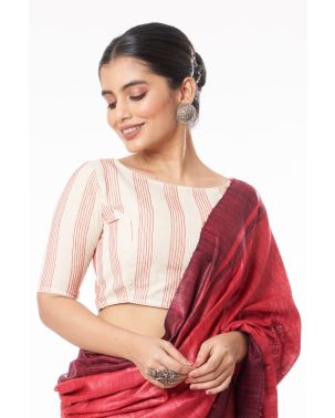 RED PLAIN BODY KETIYA TUSSAR, CONTRAST BLACK PALLU, PAIRED WITH CREAM & RED COMBO KHADI COTTON WITH ALL OVER THREAD WORK & BOAT NECK BLOUSE