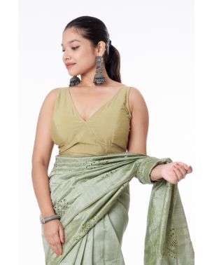 SLEEVELESS PARTY WEAR PASTEL GREEN SILK BLEND BLOUSE (PADDED)