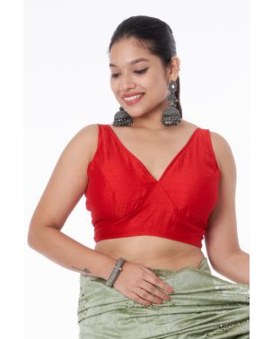 SLEEVELESS PARTY WEAR RED SILK BLEND BLOUSE (PADDED)