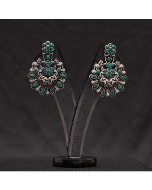 GREEN STONE STUDDED OXIDISED SILVER EARRING