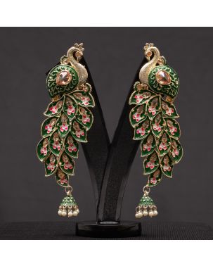 GOLD PLATED MEENAKARI PEACOCK EARRING (MOSS GREEN)