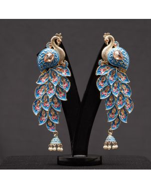 GOLD PLATED MEENAKARI PEACOCK EARRING (LIGHT BLUE)