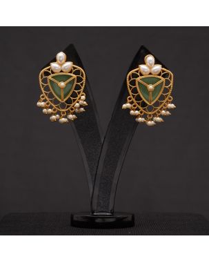 STONE STUDDED PEARL ANTIQUE GOLD PLATED EARRING