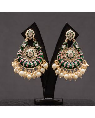 MEENAKARI WORK WITH PEARL SETTING CHANDBALI (BOTTLE GREEN)