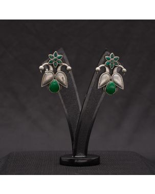 GREEN STUDDED STONES OXIDISED SILVER PEACOCK