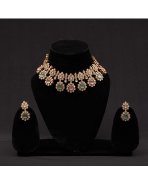 STONE SETTING GOLD PLATED ANTIQUE NECKLACE & EARRING