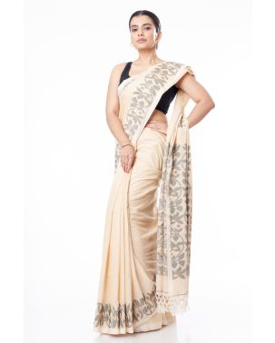 PURE COTTON HANDLOOM SAREE OFF BEIGE PLAIN BODY, CONTRAST BLACK PALLU & BORDER WITH MATCHING BLOUSE PIECE