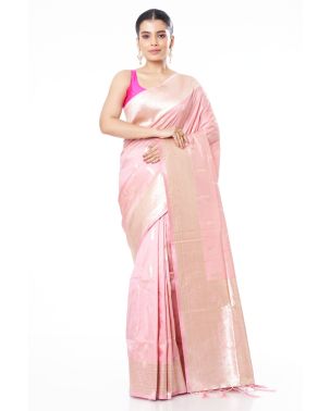 PASTEL PINK SILK SAREE WITH ALL OVER ZARI WORK ON BODY, ZARI BORDER & ZARI PALLU, MATCHING BLOUSE PIECE