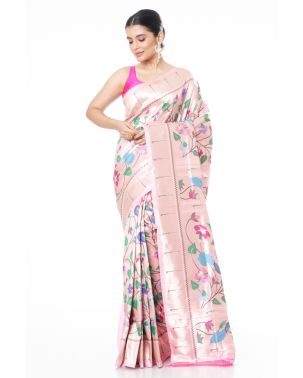 LIGHT PINK PAITHANI SAREE WITH ALL OVER FLORAL THREADWORK