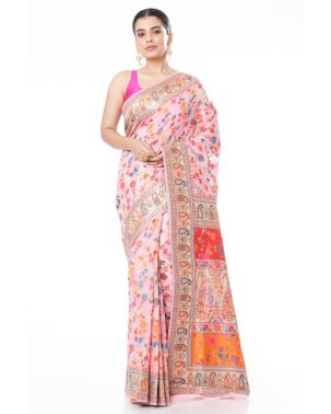 PINK PATOLA SAREE WITH FLORAL THREADWORK AND INTERWOVEN ZARI WORK & MATCHING BLOUSE PIECE