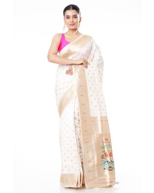 WHITE PAITHANI SILK WITH ALL OVER ZARI BUTA CONTRAST ZARI PALLU AND BORDER WITH MATCHING BLOUSE PIECE